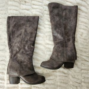 Fergalicious size 6 Women's Knee High Brown Faux Leather Side Zip Boots